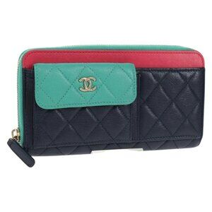 CHANEL Matelasse Cruise Line Long Wallet Navy Gold CC Auth 147564V